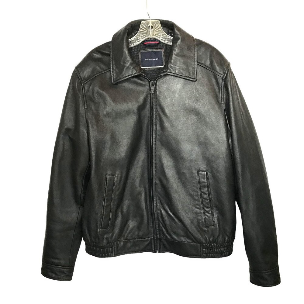 Tommy Hilfiger Mens L Black Leather Bomber Jacket